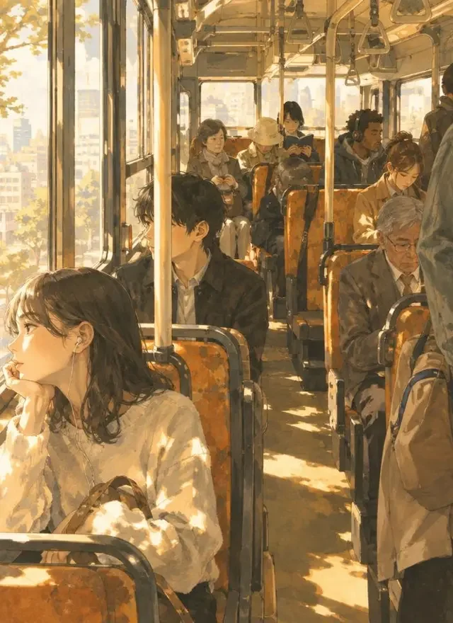 早班车上的斑纹封面插画，都市人文题材，连载128话